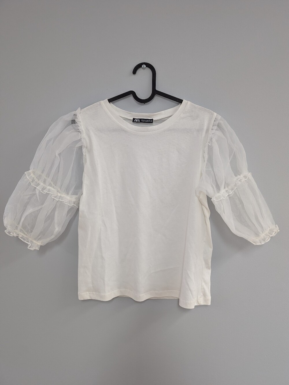 ZARA White Puff-Sleeve Short Sleeve Tee